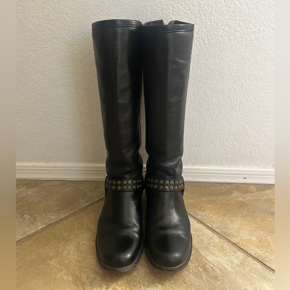 Frye Phillip Harness Tall Black Leather Boots, 7.5